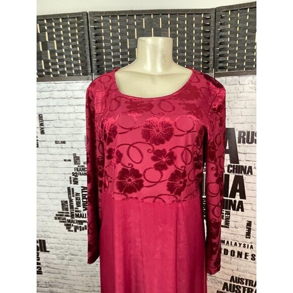Susan Graver Studio M Maroon Floral Flocked Bodice Long Sleeve Long Dress - Picture 2 of 6